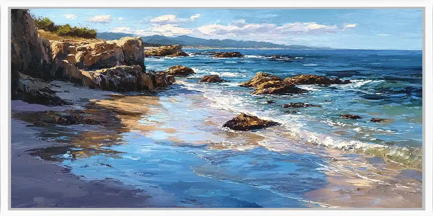 Rocky coastal shoreline canvas art with blue sea, cliffs and sunlit reflections.