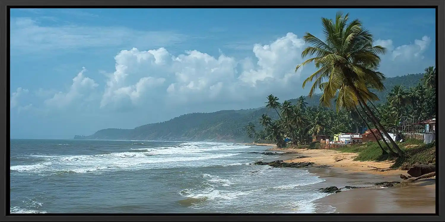 Tropical beach canvas art with palm trees, rolling surf and distant green hills.