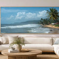 Tropical beach canvas art with palm trees, rolling surf and distant green hills.