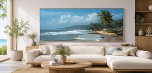 Tropical beach canvas art with palm trees, rolling surf and distant green hills.