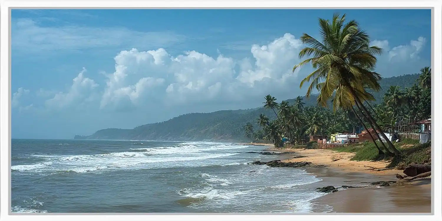 Tropical beach canvas art with palm trees, rolling surf and distant green hills.