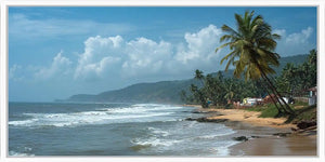 Tropical beach canvas art with palm trees, rolling surf and distant green hills.