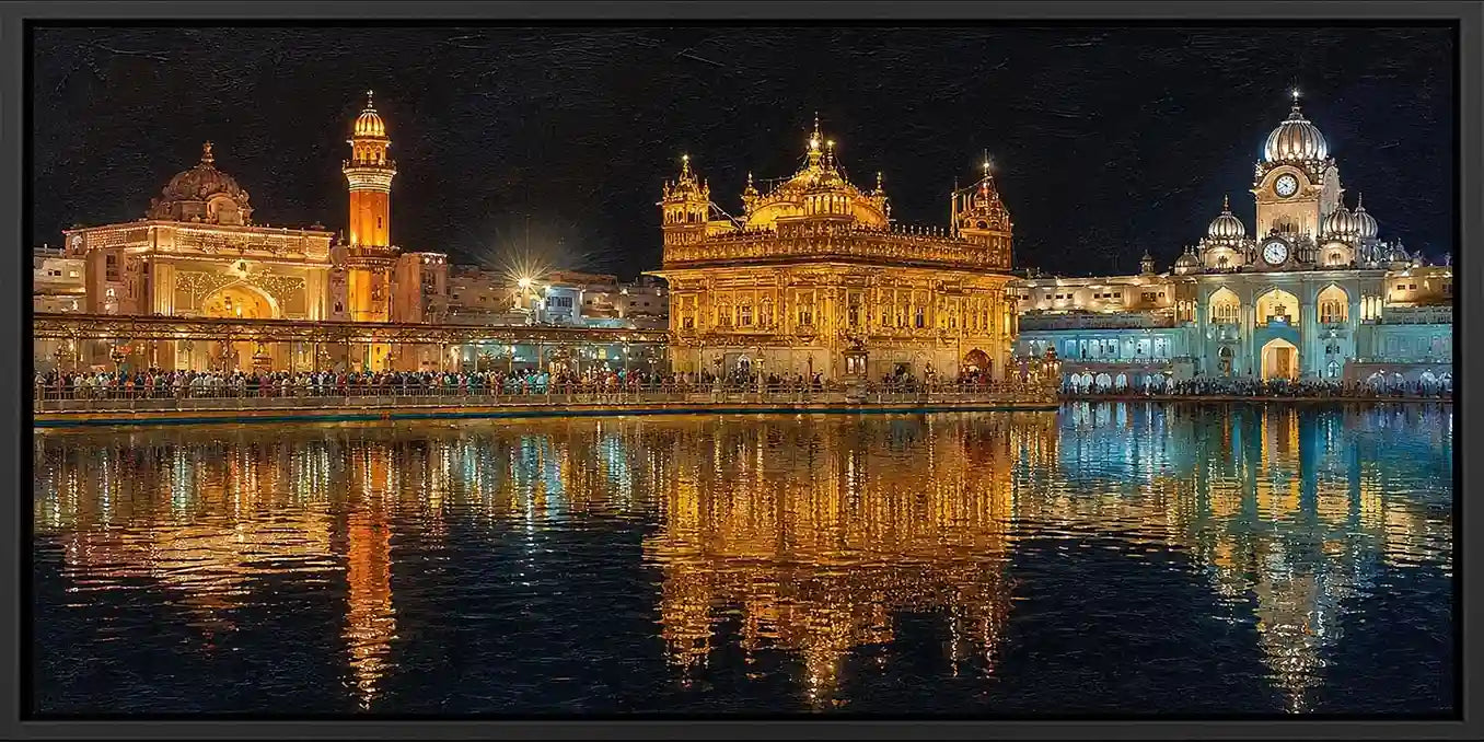 Golden temple night canvas art with illuminated architecture and water reflections.