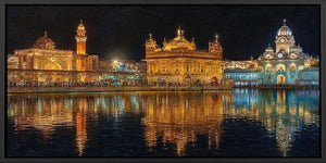 Golden temple night canvas art with illuminated architecture and water reflections.