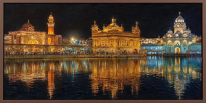 Golden temple night canvas art with illuminated architecture and water reflections.