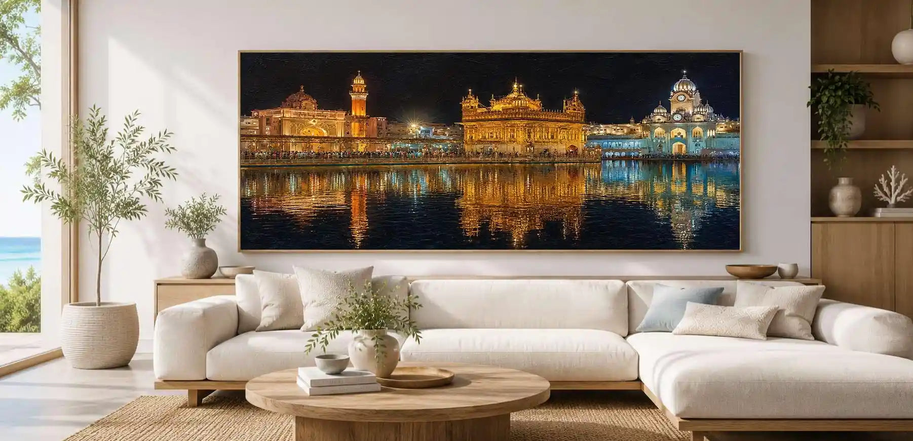 Golden temple night canvas art with illuminated architecture and water reflections.