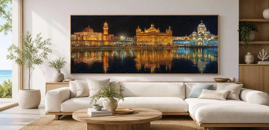 Golden temple night canvas art with illuminated architecture and water reflections.