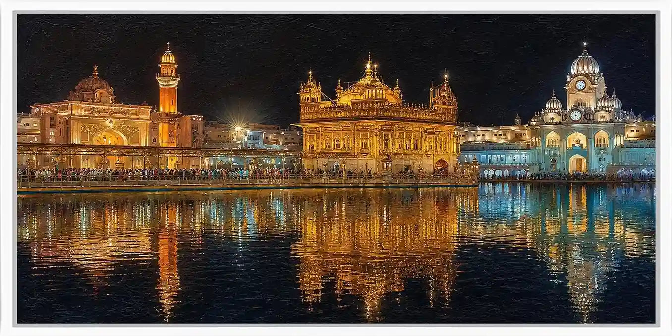 Golden temple night canvas art with illuminated architecture and water reflections.