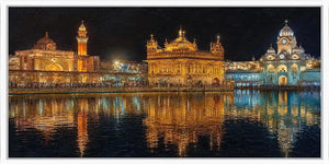 Golden temple night canvas art with illuminated architecture and water reflections.