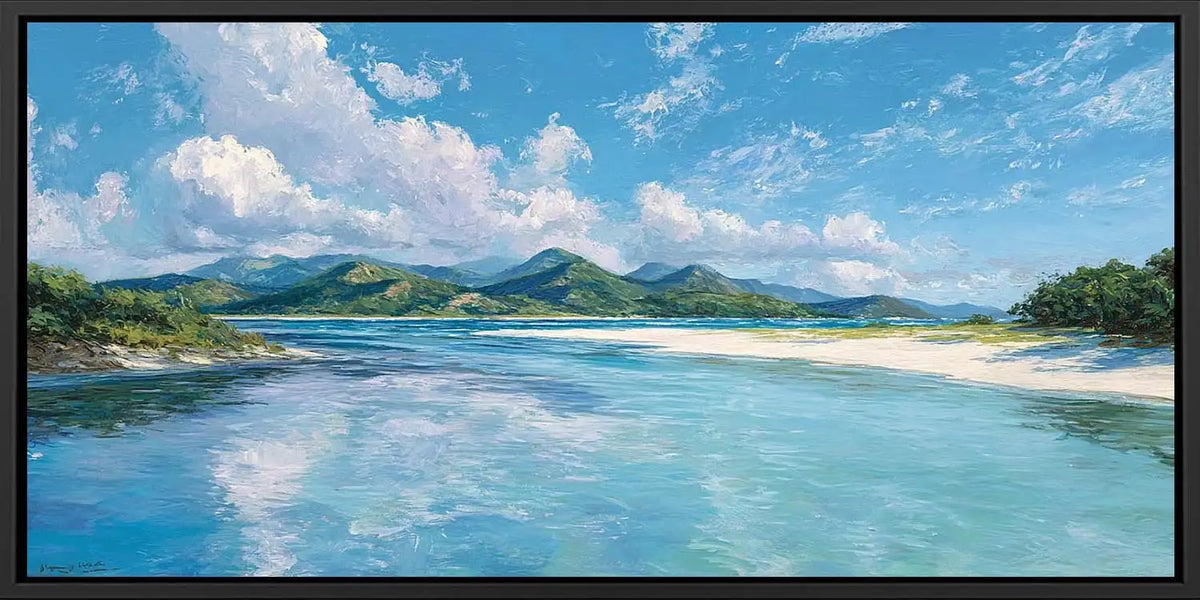 Turquoise lagoon canvas art with white sand, green hills and bright tropical sky.