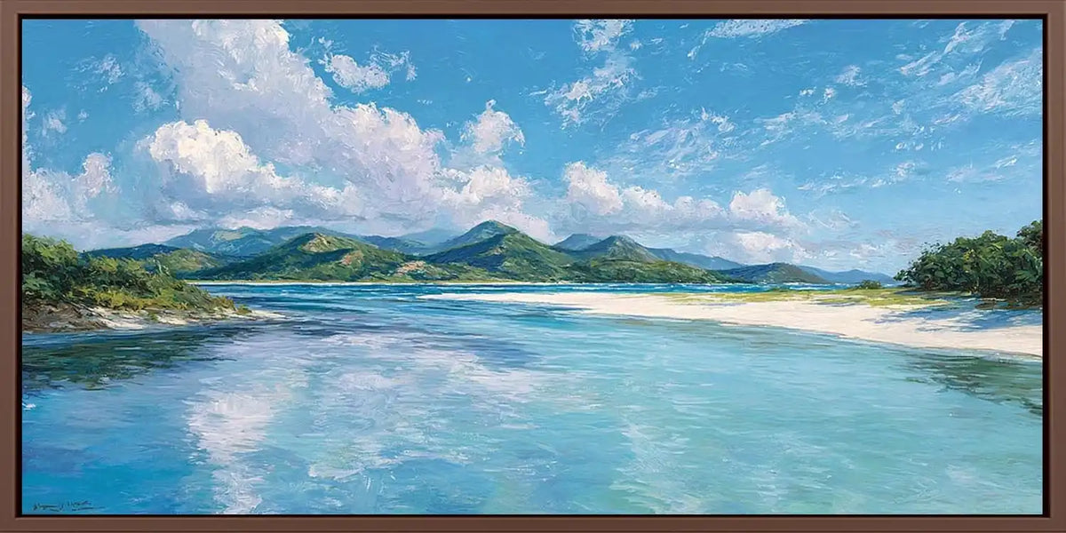 Turquoise lagoon canvas art with white sand, green hills and bright tropical sky.