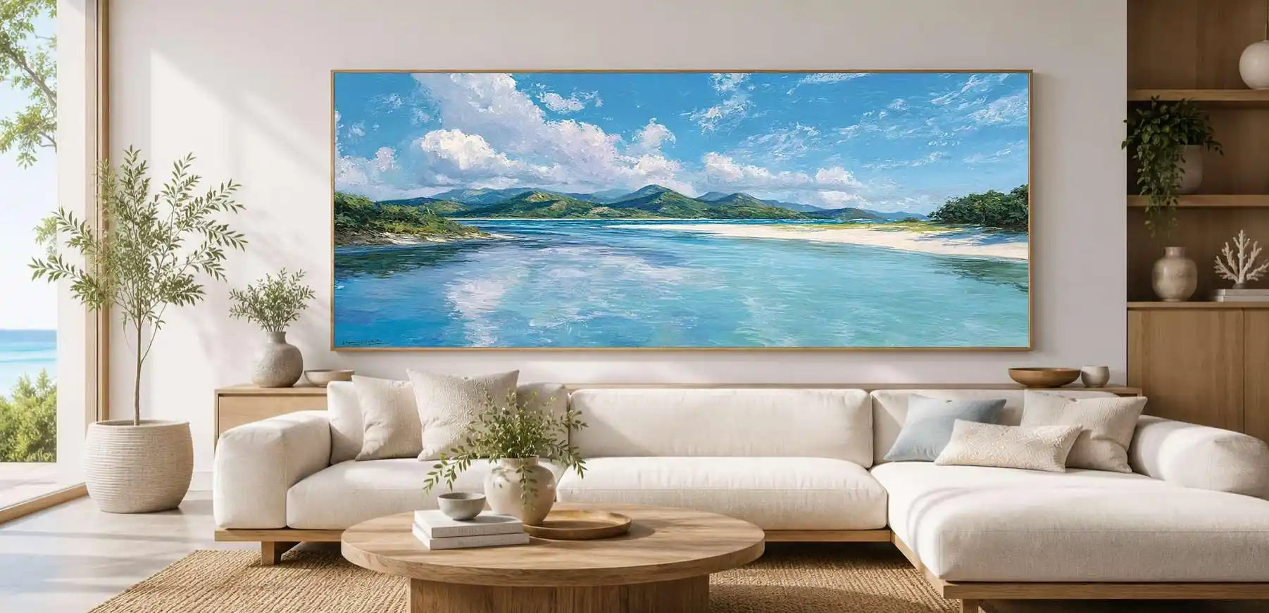 Turquoise lagoon canvas art with white sand, green hills and bright tropical sky.