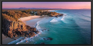 Panoramic coastal sunset canvas art with turquoise ocean for luxury interiors.
