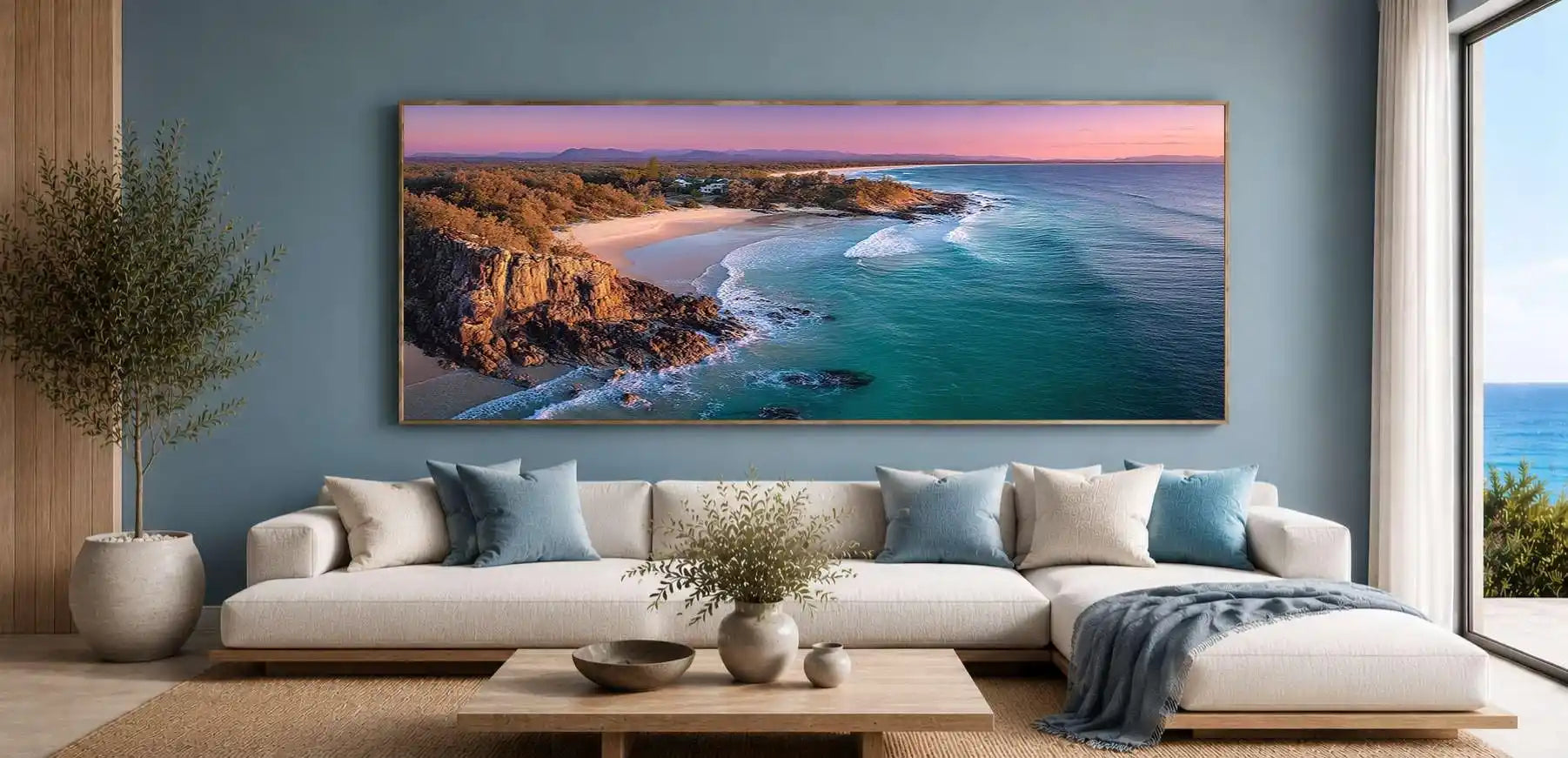 Panoramic coastal sunset canvas art with turquoise ocean for luxury interiors.