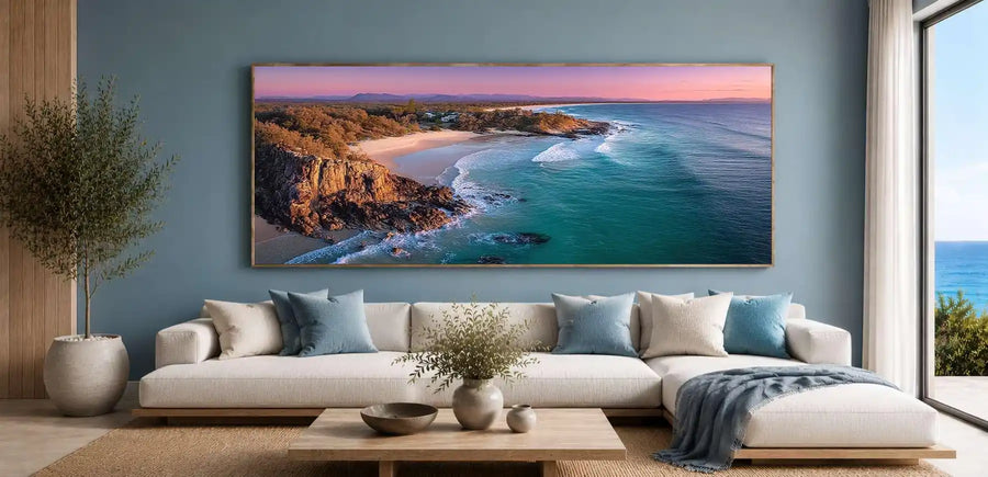 Panoramic coastal sunset canvas art with turquoise ocean for luxury interiors.