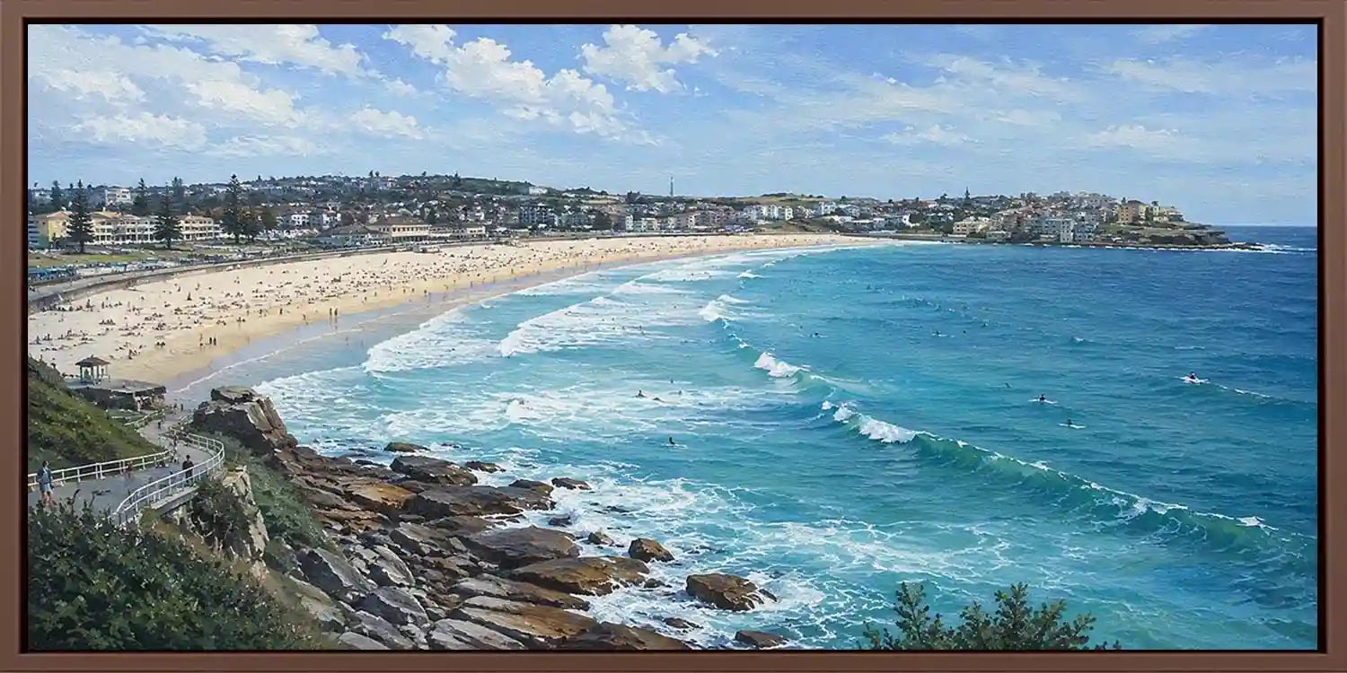 Australian beach canvas art with sweeping bay, surf waves and coastal skyline.