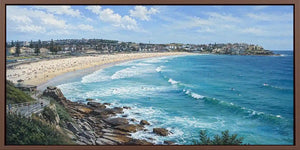 Australian beach canvas art with sweeping bay, surf waves and coastal skyline.