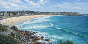 Australian beach canvas art with sweeping bay, surf waves and coastal skyline.