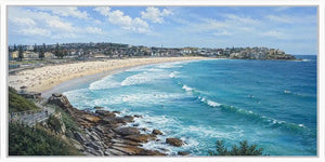 Australian beach canvas art with sweeping bay, surf waves and coastal skyline.