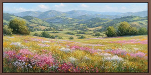 Wildflower meadow canvas art with rolling green hills and soft spring colours.