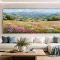 Wildflower meadow canvas art with rolling green hills and soft spring colours.