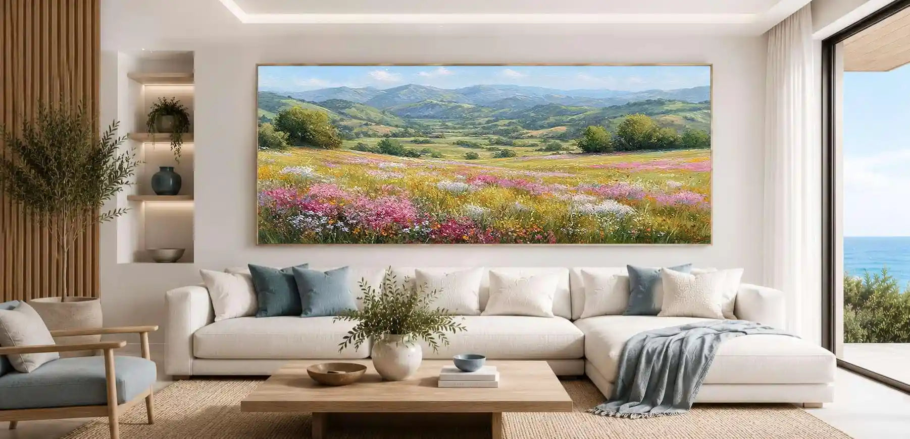 Wildflower meadow canvas art with rolling green hills and soft spring colours.