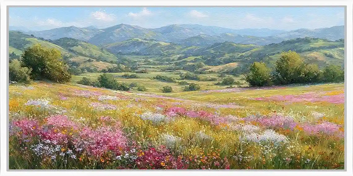 Wildflower meadow canvas art with rolling green hills and soft spring colours.