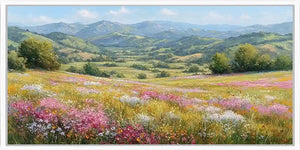Wildflower meadow canvas art with rolling green hills and soft spring colours.