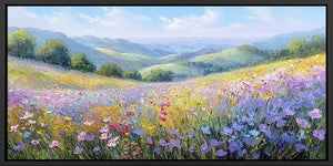 Pastel wildflower valley canvas art with purple blooms and distant hills.