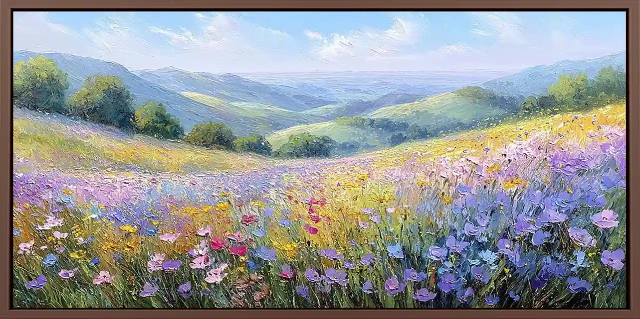 Pastel wildflower valley canvas art with purple blooms and distant hills.