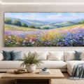Pastel wildflower valley canvas art with purple blooms and distant hills.