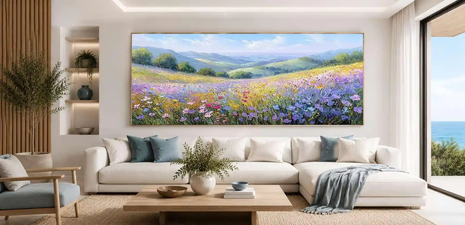 Pastel wildflower valley canvas art with purple blooms and distant hills.