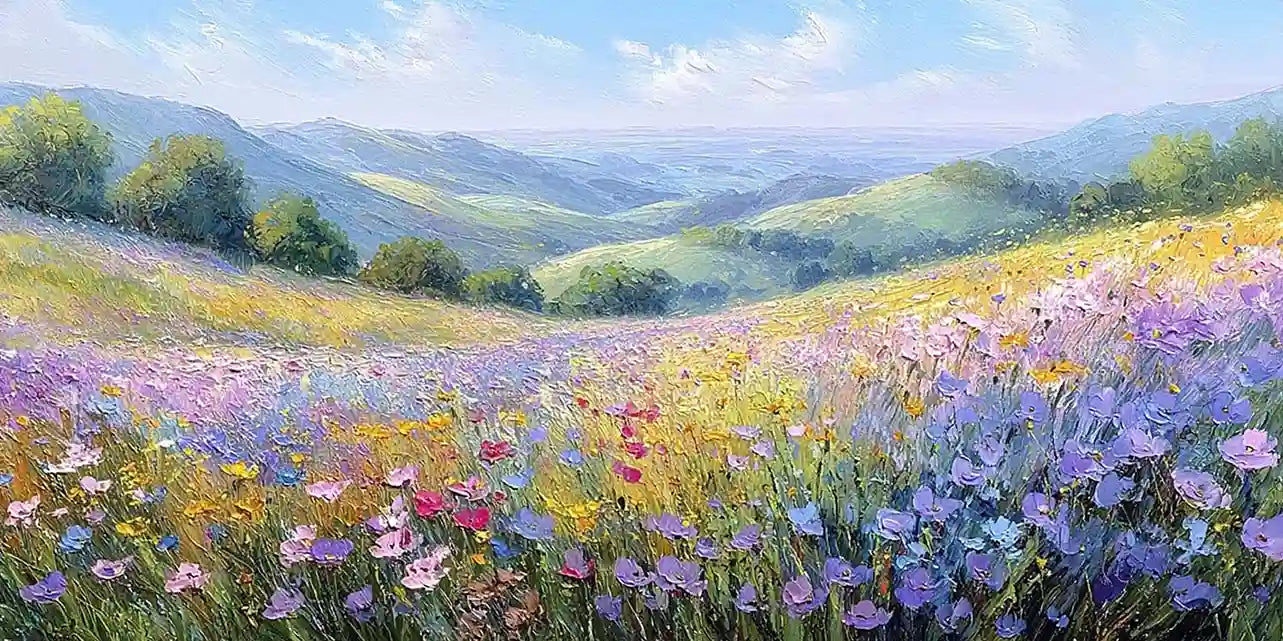 Pastel wildflower valley canvas art with purple blooms and distant hills.