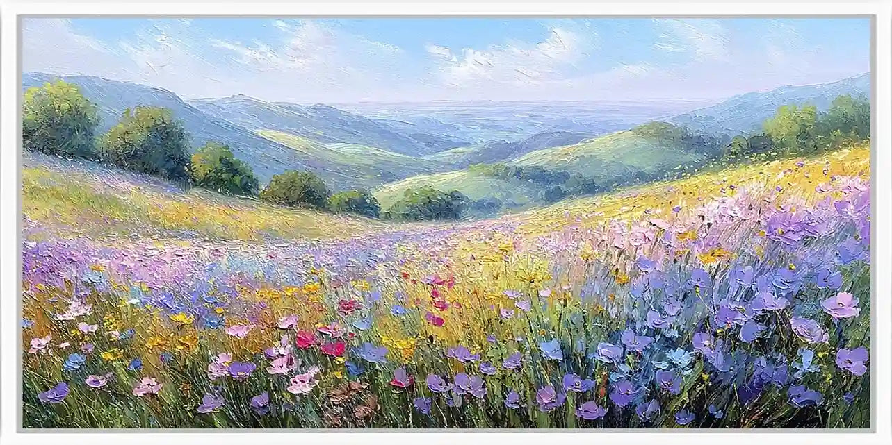 Pastel wildflower valley canvas art with purple blooms and distant hills.