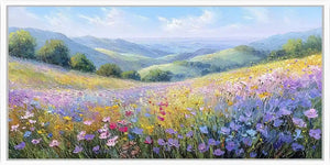 Pastel wildflower valley canvas art with purple blooms and distant hills.