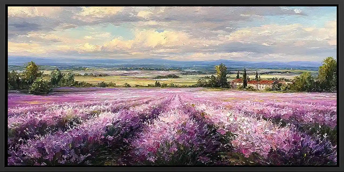 Lavender field canvas art with country house, trees and soft cloudy sky.