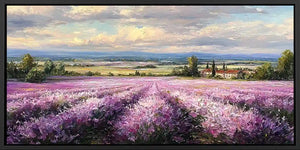Lavender field canvas art with country house, trees and soft cloudy sky.