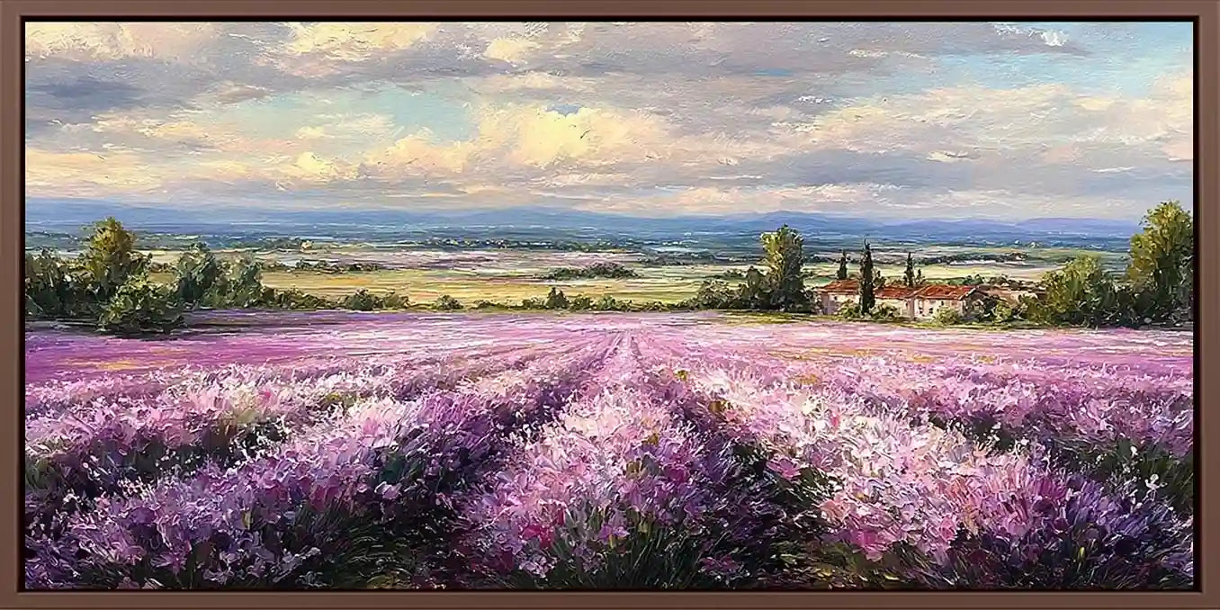 Lavender field canvas art with country house, trees and soft cloudy sky.