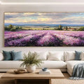 Lavender field canvas art with country house, trees and soft cloudy sky.