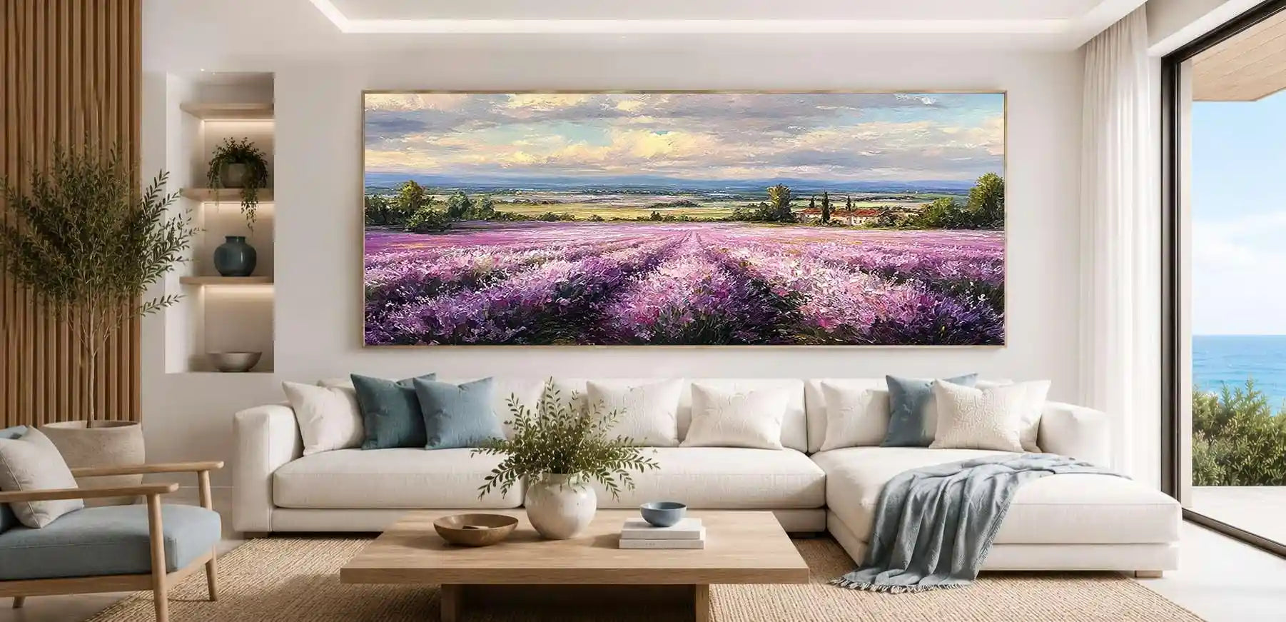 Lavender field canvas art with country house, trees and soft cloudy sky.