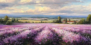 Lavender field canvas art with country house, trees and soft cloudy sky.