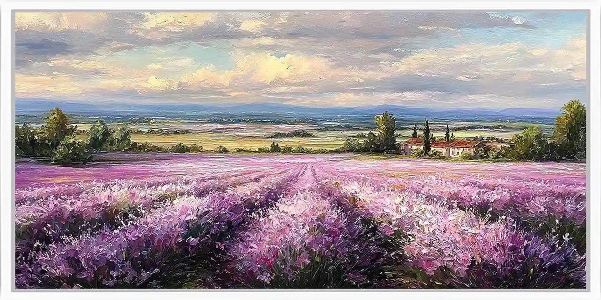 Lavender field canvas art with country house, trees and soft cloudy sky.