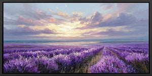 Lavender coastal field canvas art with ocean horizon and dramatic evening sky.