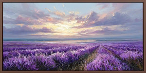 Lavender coastal field canvas art with ocean horizon and dramatic evening sky.