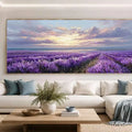 Lavender coastal field canvas art with ocean horizon and dramatic evening sky.