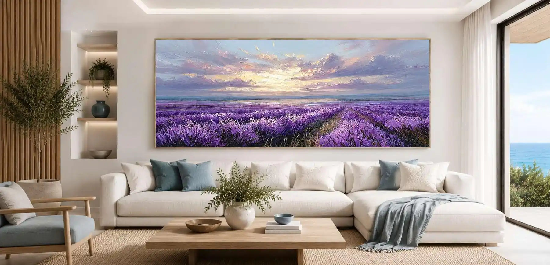 Lavender coastal field canvas art with ocean horizon and dramatic evening sky.