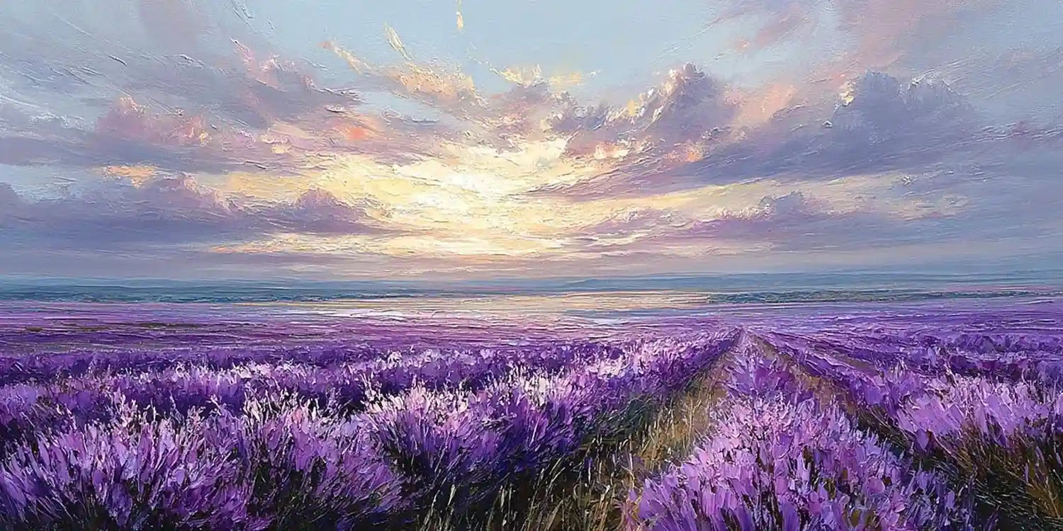 Lavender coastal field canvas art with ocean horizon and dramatic evening sky.
