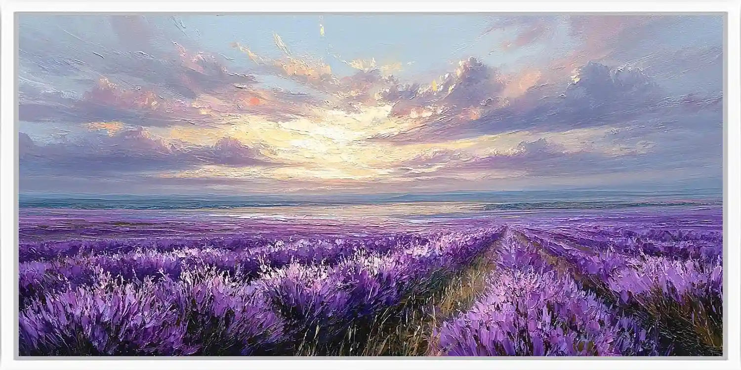 Lavender coastal field canvas art with ocean horizon and dramatic evening sky.
