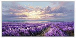 Lavender coastal field canvas art with ocean horizon and dramatic evening sky.