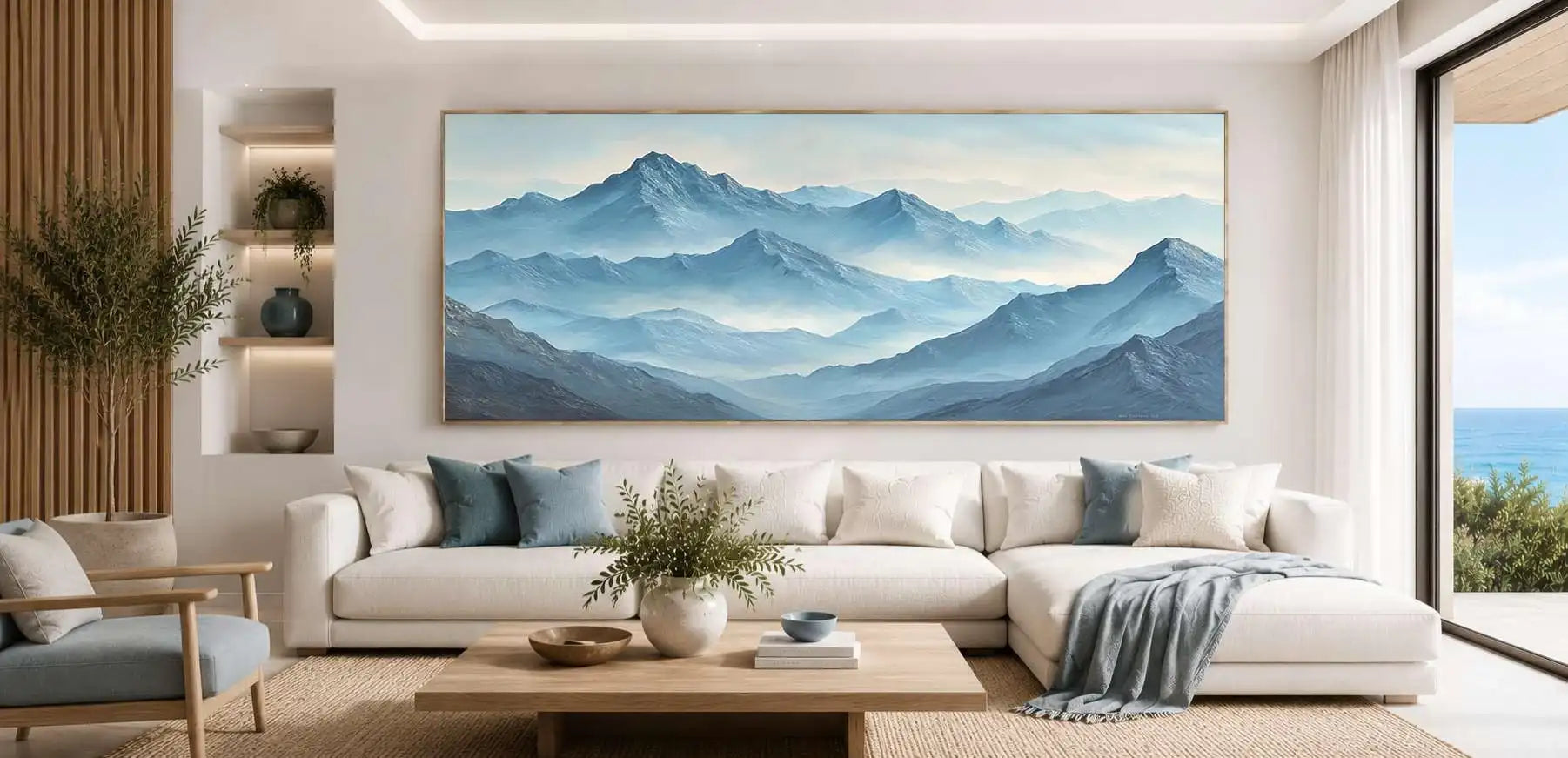 Misty blue mountain panorama panoramic canvas art for modern living room decor